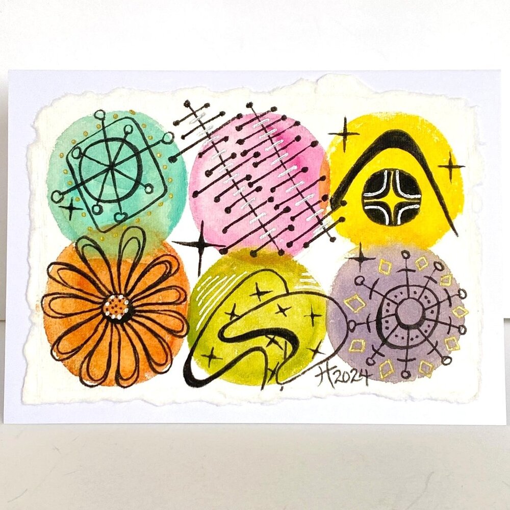 Retro Style Watercolor and Ink Art Handmade Original Blank Greeting Card Envelop